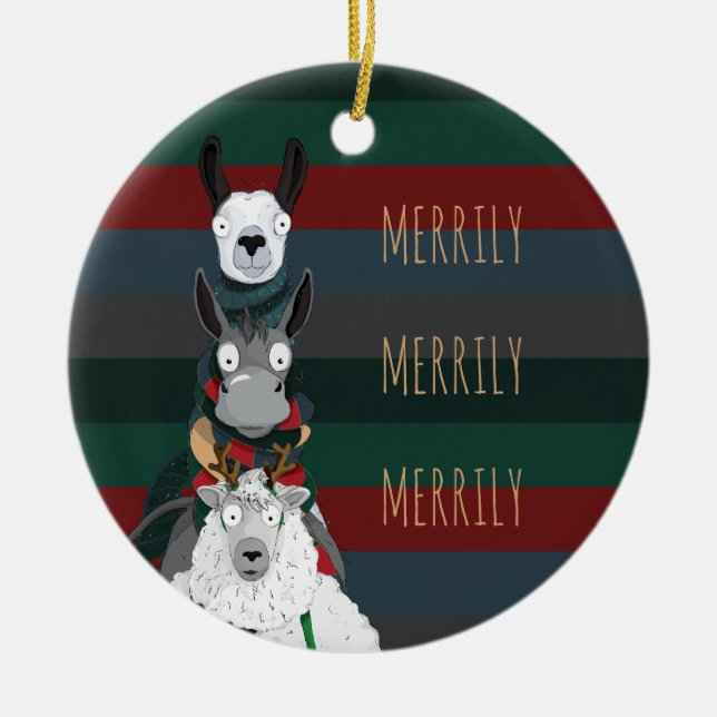 Strickte Wintertiere "Merrily Merrily" Keramik Ornament (Vorne)