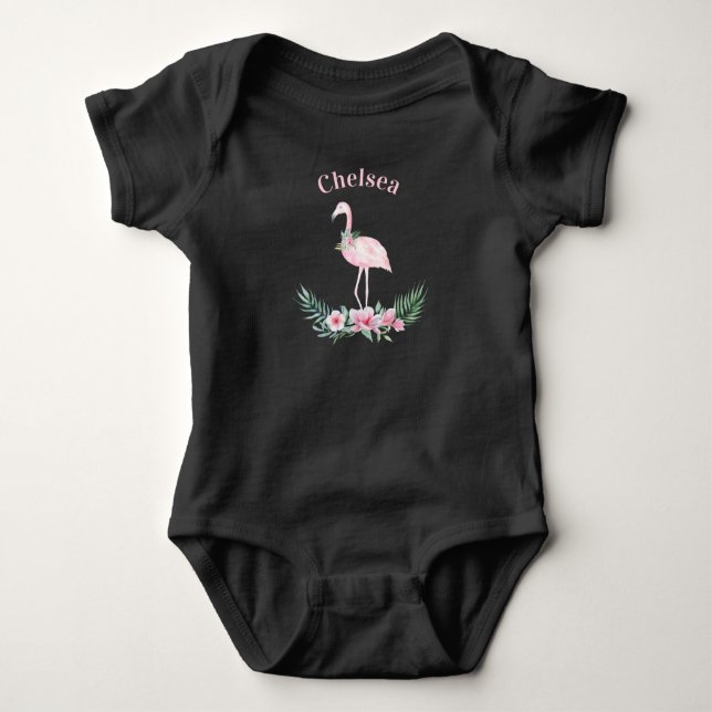 Strikende Girls Pink Flamingo Mit Monogramm Baby Strampler (Vorderseite)