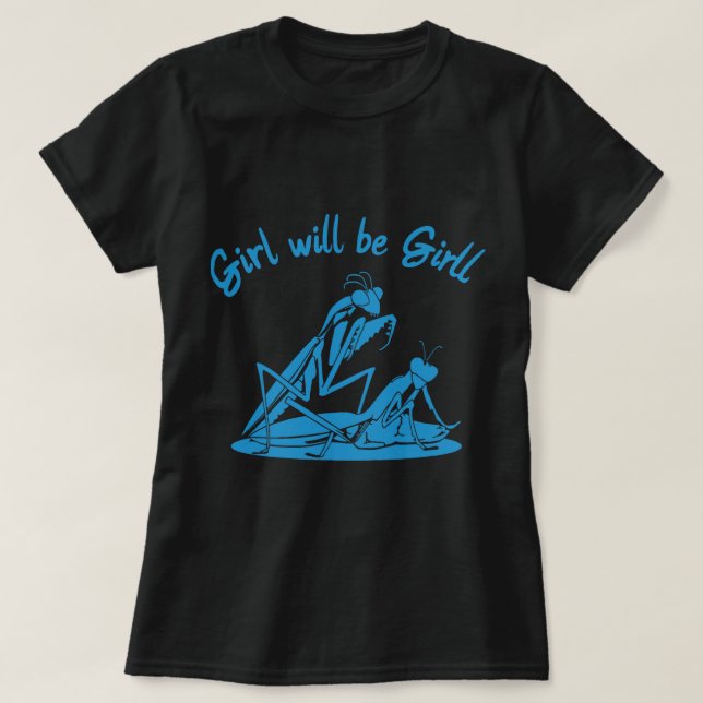 Striking Blue Mantis hält einen weiteren Cartoon T-Shirt (Design vorne)