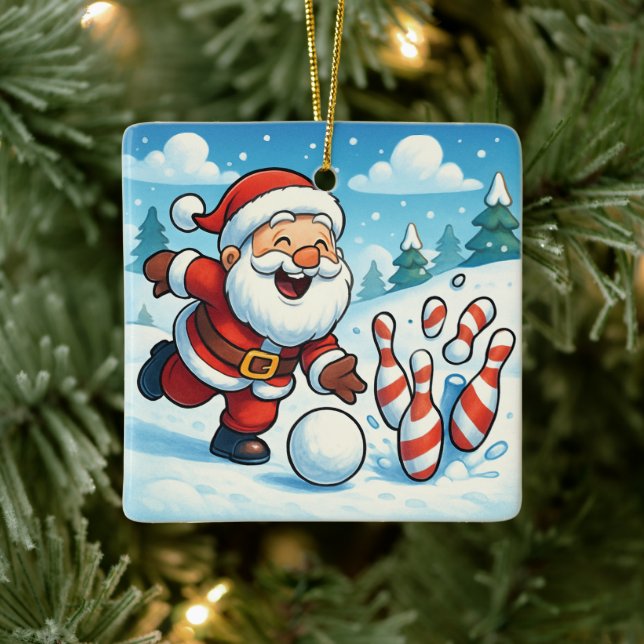 Striking Santa Bowling Candy Cane Lane Personalize Keramikornament (Baum)
