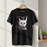 Striking White Cat with Big Eyes Men's Black  T-Shirt<br><div class="desc">Make a bold statement with this "Striking White Cat with Big Eyes" men's black t-shirt! This captivating design features an adorable white cat with mesmerizing, large dark eyes, being gently petted. It's a truly unique and artistic feline portrait that's sure to turn heads and spark conversations. Perfect for cat dads,...</div>