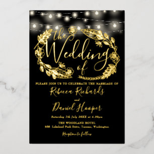 String-Lichter-Skript Hochzeit Schwarz und Gold Folieneinladung