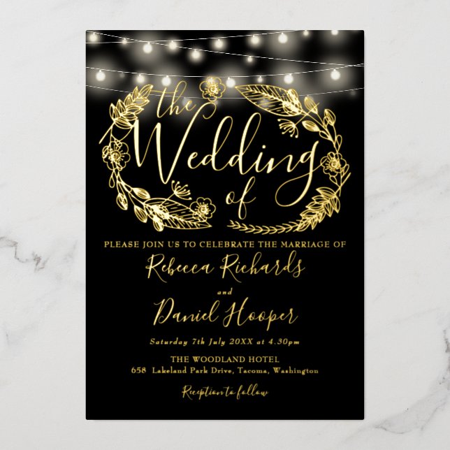 String-Lichter-Skript Hochzeit Schwarz und Gold Folieneinladung (Vorderseite)