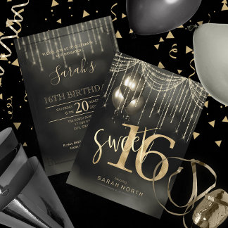 String Lights & Balloons Sweet 16 Black/Gold ID473 Einladung