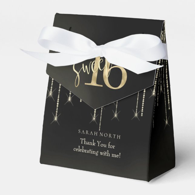 String Lights & Balloons Sweet 16 Black/Gold ID473 Geschenkschachtel (Vorderseite)