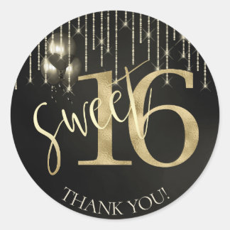 String Lights & Balloons Sweet 16 Black/Gold ID473 Runder Aufkleber
