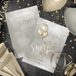 String Lights & Balloons Sweet 16 Champagne ID473 Einladung