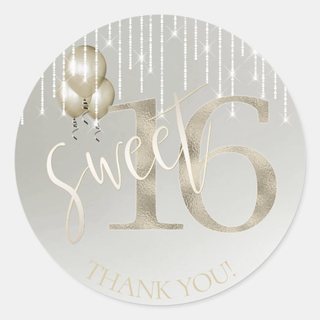 String Lights & Balloons Sweet 16 Champagne ID473 Runder Aufkleber (Vorderseite)