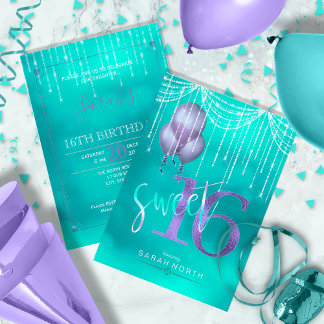 String Lights & Balloons Sweet 16 TealPurple ID473 Einladung