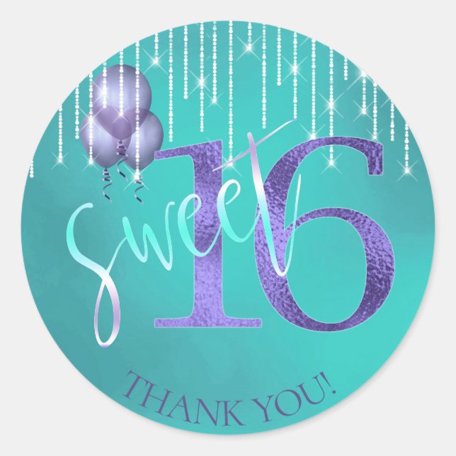 String Lights & Balloons Sweet 16 TealPurple ID473 Runder Aufkleber (Vorderseite)