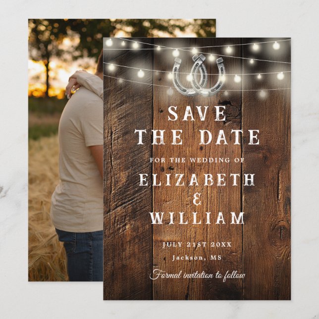 String Lights Barn Wood Photo Western Wedding  Save The Date (Vorne/Hinten)