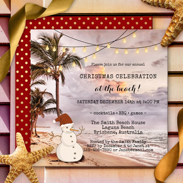 String Lights Beach Christmas Party Invitation (Christmas party invitation featuring a beach scene with palm trees, string lights and snowman)