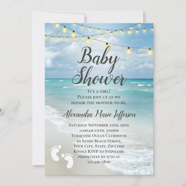 String Lights Beautiful Beach Boy Girl Babydusche Einladung (Vorderseite)