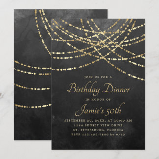 String Lights Black Gold Geburtstagsessen Einladung