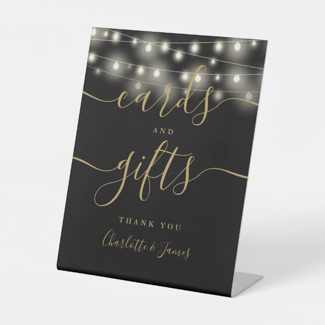 String Lights Black Gold Script Cards und Geschenk Sockelschild (Vorderseite)