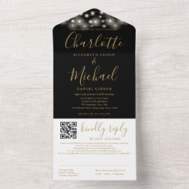 String Lights Black Gold Script QR Code Hochzeit All In One Einladung