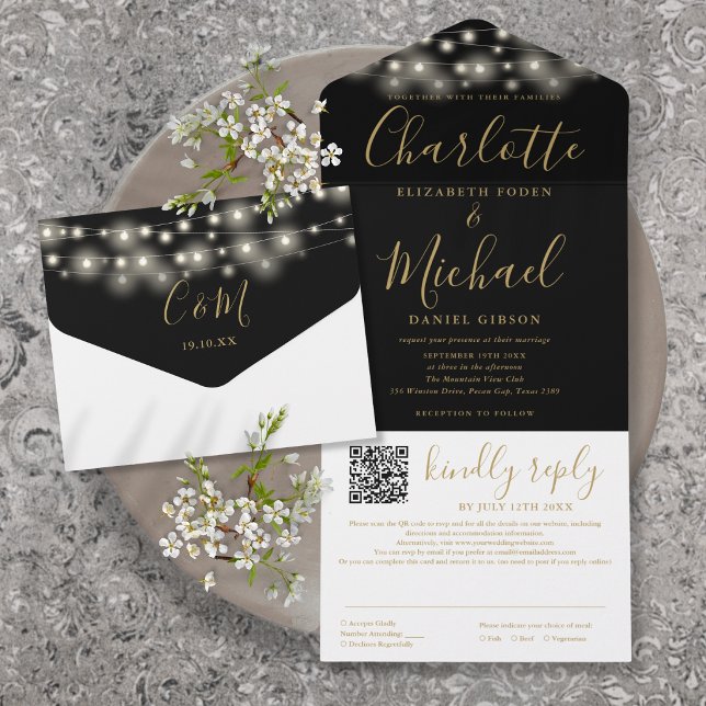 String Lights Black Gold Script QR Code Hochzeit All In One Einladung (String Lights Black Gold Script QR Code Wedding All In One Invitation)