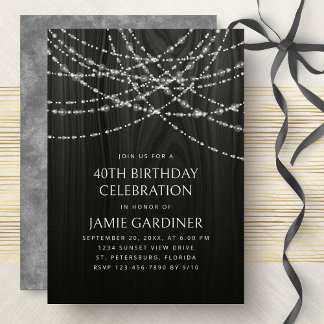 String Lights Black Wood Rustic Birthday Einladung