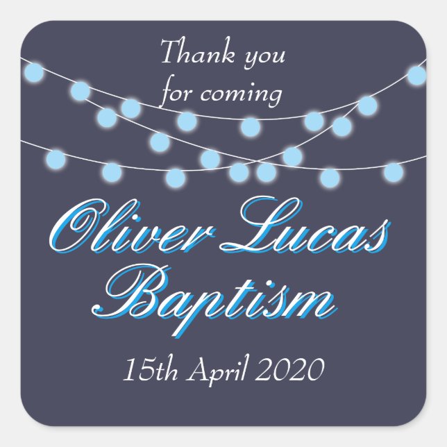 String Lights Blue Baptisse Christening Fevor Quadratischer Aufkleber (Vorderseite)