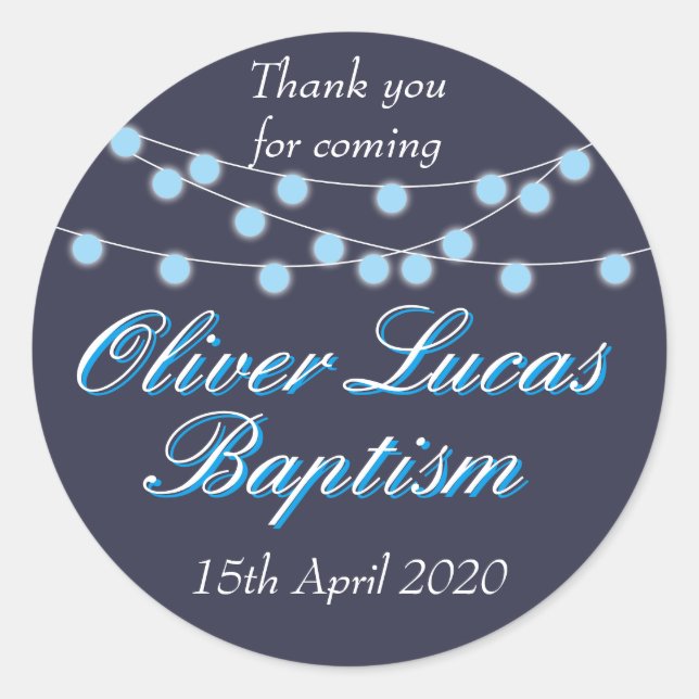 String Lights Blue Baptisse Christening Fevor Runder Aufkleber (Vorderseite)