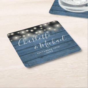String Lights Blue Rustic Signature Script Hochzei Rechteckiger Pappuntersetzer