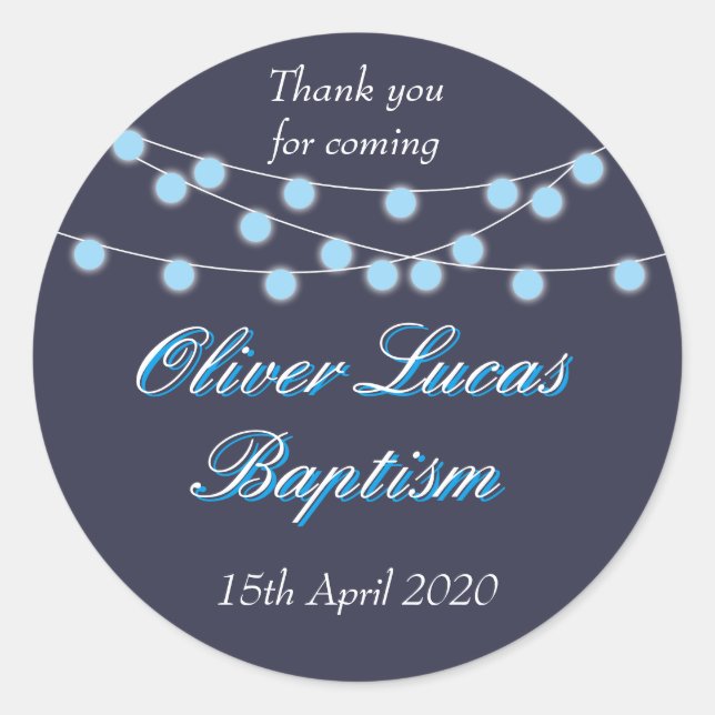 String Lights Blue Taufe Christening Gefallen Runder Aufkleber (Vorderseite)