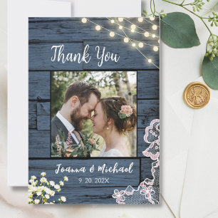 String Lights Blue Wood & Lace Wedding Vielen Dank Dankeskarte