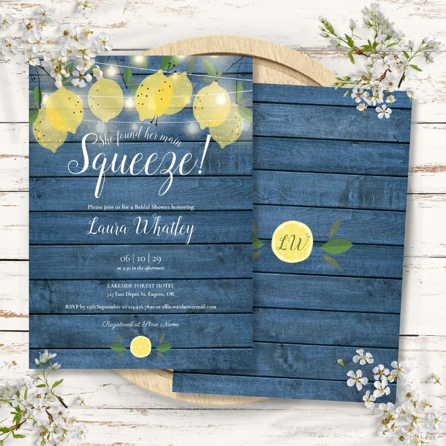 String Lights Blue Wood Main Squeeze Brautparty Einladung (String Lights Blue Wood Main Squeeze Bridal Shower Invitation)