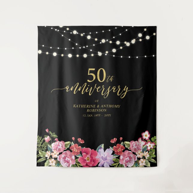 String Lights & Blume 50. Hochzeitstag Wandteppich (Vorderseite)