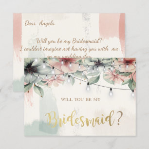 String Lights, Brush Stroke, Floral Bridesmaid Car Einladung