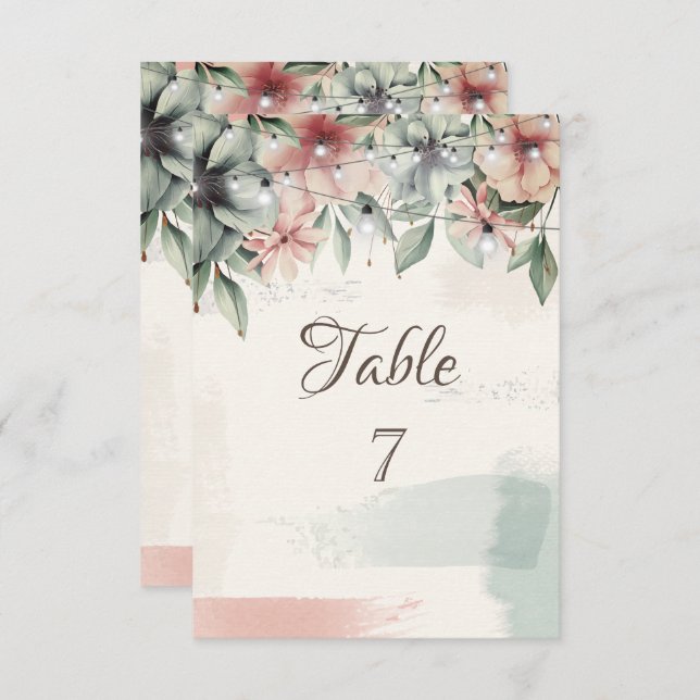 String Lights, Brush Stroke, Floral Table Card Einladung (Vorne/Hinten)