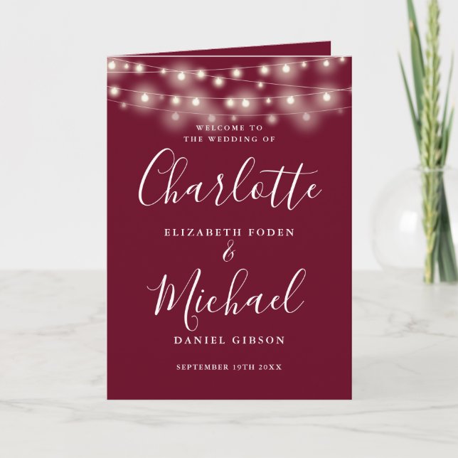 String Lights Burgundy Elegante Script Wedding Programm (Vorderseite)