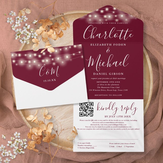 String Lights Burgundy Script QR Code Wedding All In One Einladung (String Lights Burgundy Script QR Code Wedding All In One Invitation)