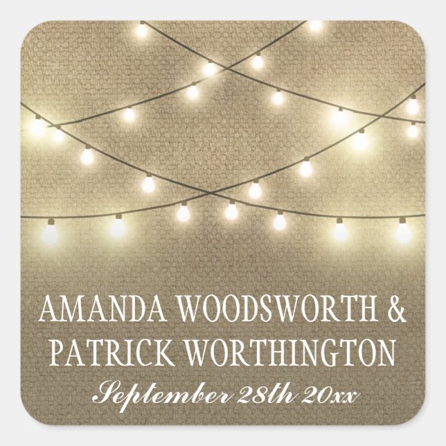 String Lights Country Rustic Burlap Gastgeschenke  Quadratischer Aufkleber (Vorderseite)