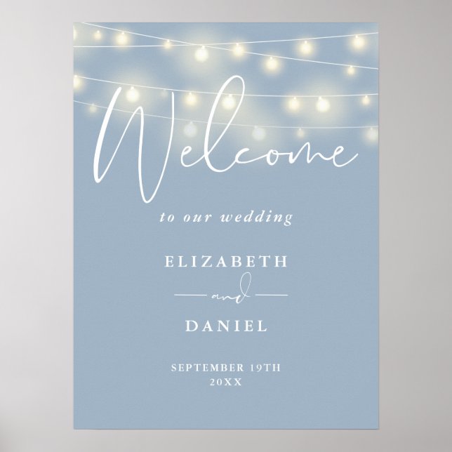 String Lights Dusty Blue Wedding Welcome Sign Poster (Vorne)