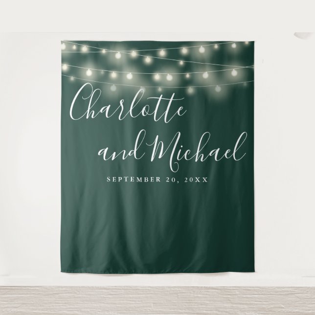 String Lights Emerald Green Wedding Foto Backgroun Wandteppich (Vorderseite)