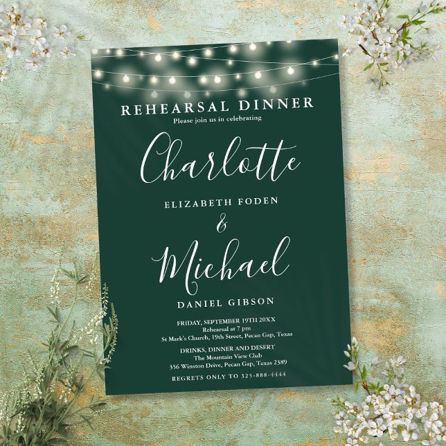 String Lights Emerald Script Probe Dinner Einladung (String Lights Emerald Script Rehearsal Dinner Invitation)