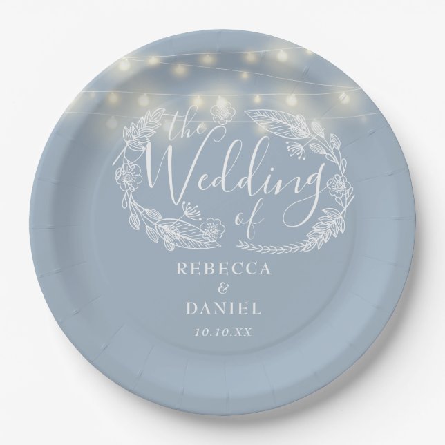 String Lights Floral Dusty Blue Wedding Pappteller (Vorderseite)