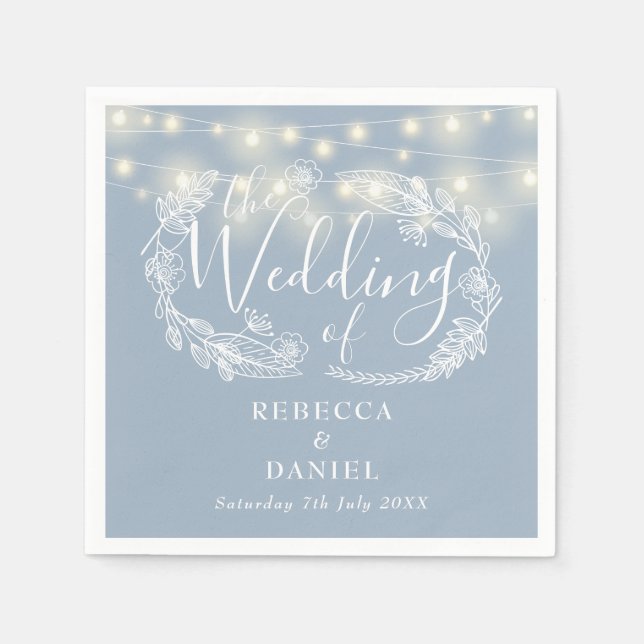 String Lights Floral Dusty Blue Wedding Serviette (Vorderseite)