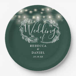 String Lights Floral Emerald Green Wedding Pappteller