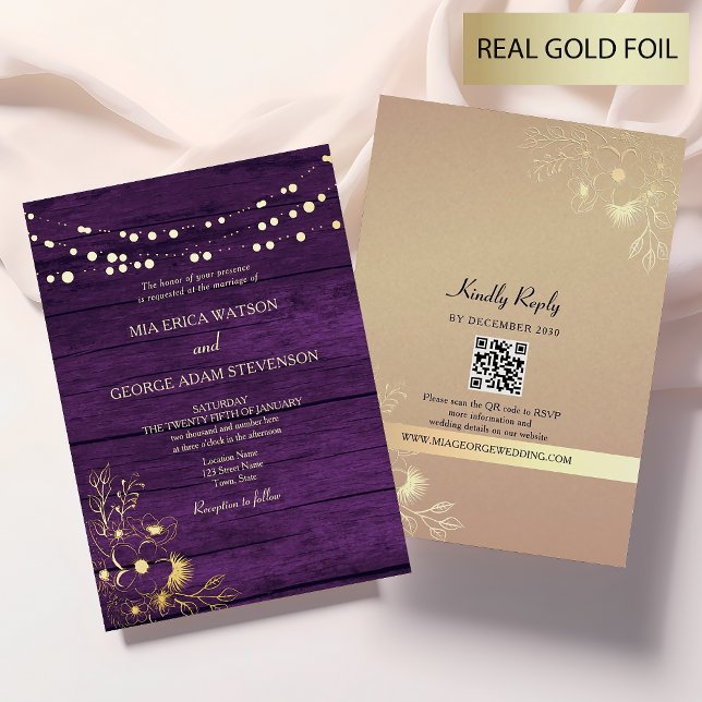 String Lights Gold Lila Wedelcode Folieneinladung (Von Creator hochgeladen)