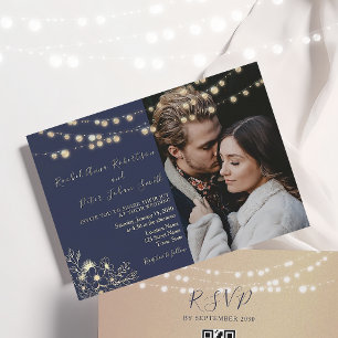 String Lights Gold und Navy Blue Wedding Einladung