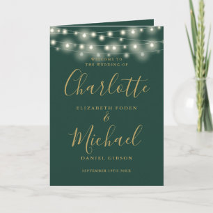String Lights Green Gold Elegante Script Hochzeit Programm