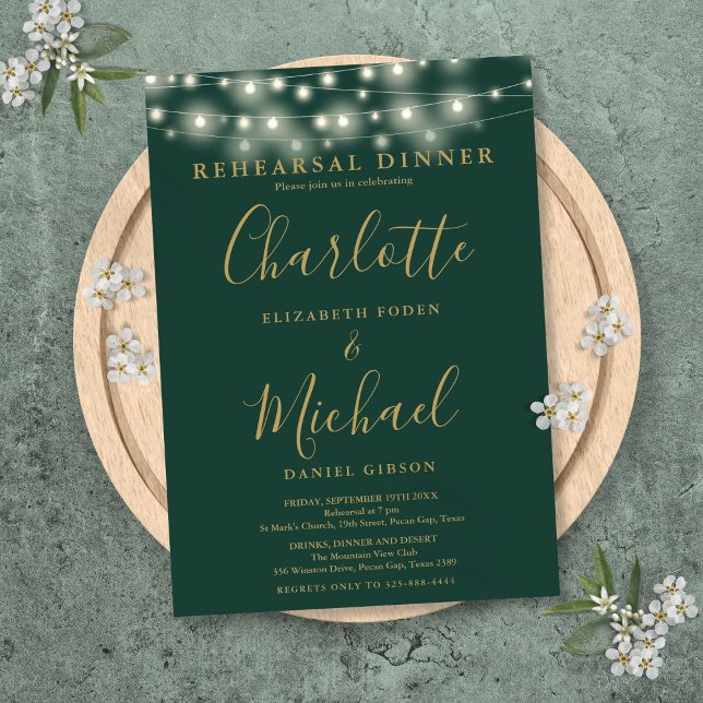 String Lights Green Gold Script Probe Dinner Einladung (String Lights Green Gold Script Rehearsal Dinner Invitation)