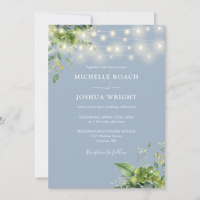 String Lights Greenery Dusty Blue Monogram Wedding Einladung (Vorderseite)