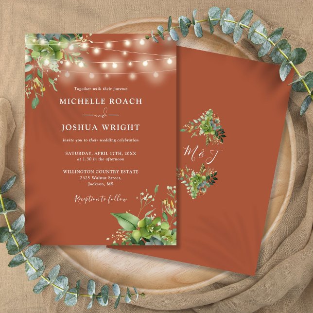 String Lights Greenery Terracotta Monogram Wedding Einladung (String Lights Greenery Terracotta Monogram Wedding Invitation)