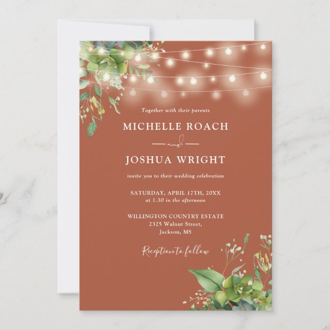 String Lights Greenery Terracotta QR Code Wedding Einladung (Vorderseite)