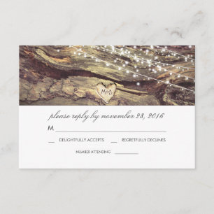 String Lights Heart Rustic Wood Wedding RSVP Karte