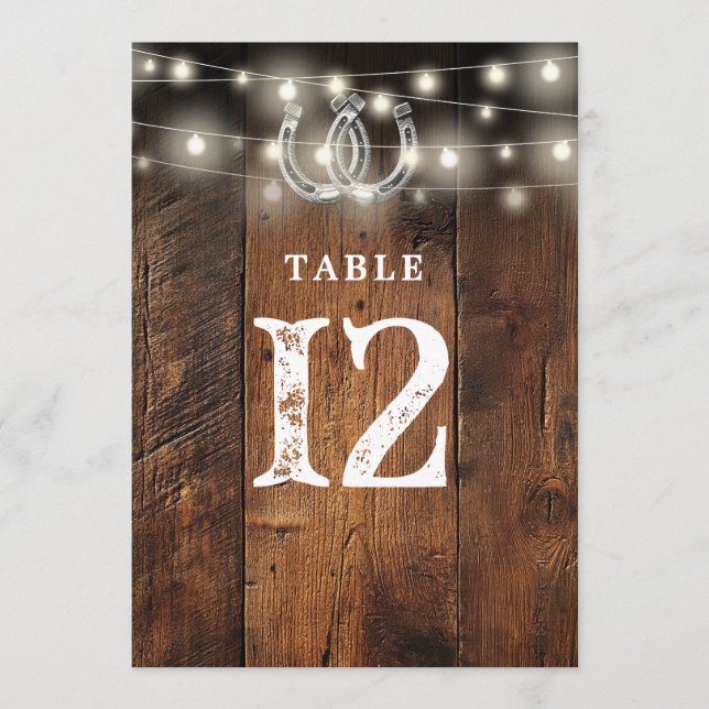 String Lights Horseshoes Barn Wood Table Number Einladung (Vorderseite)