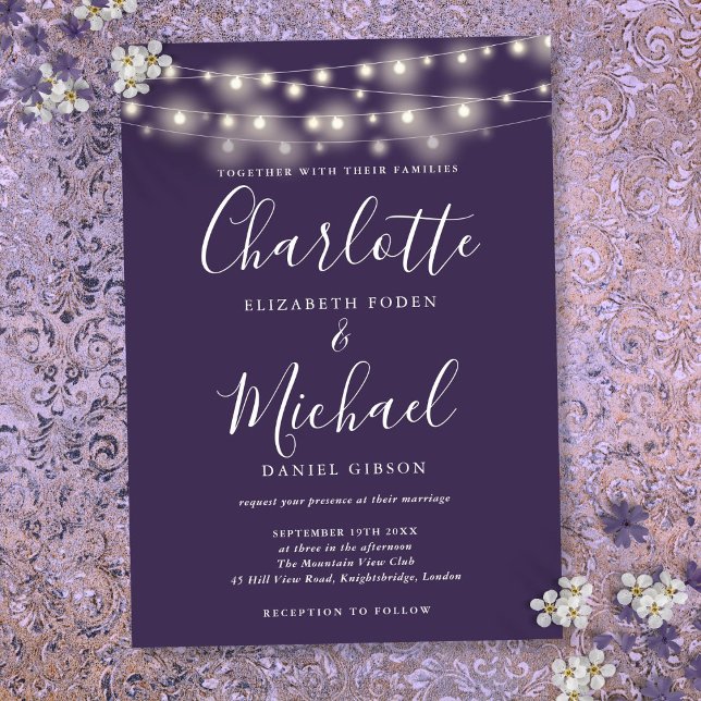 String Lights Lila, elegante Script-Hochzeit Einladung (String Lights Purple Elegant Script Wedding Invitation)